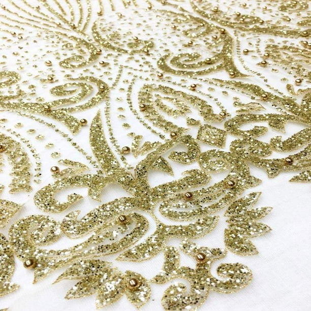 MATT GOLD STRETCH MESH W/GOLD SEQUIN EMBROIDERY LACE FABRIC 52" WIDE 1 YARD 